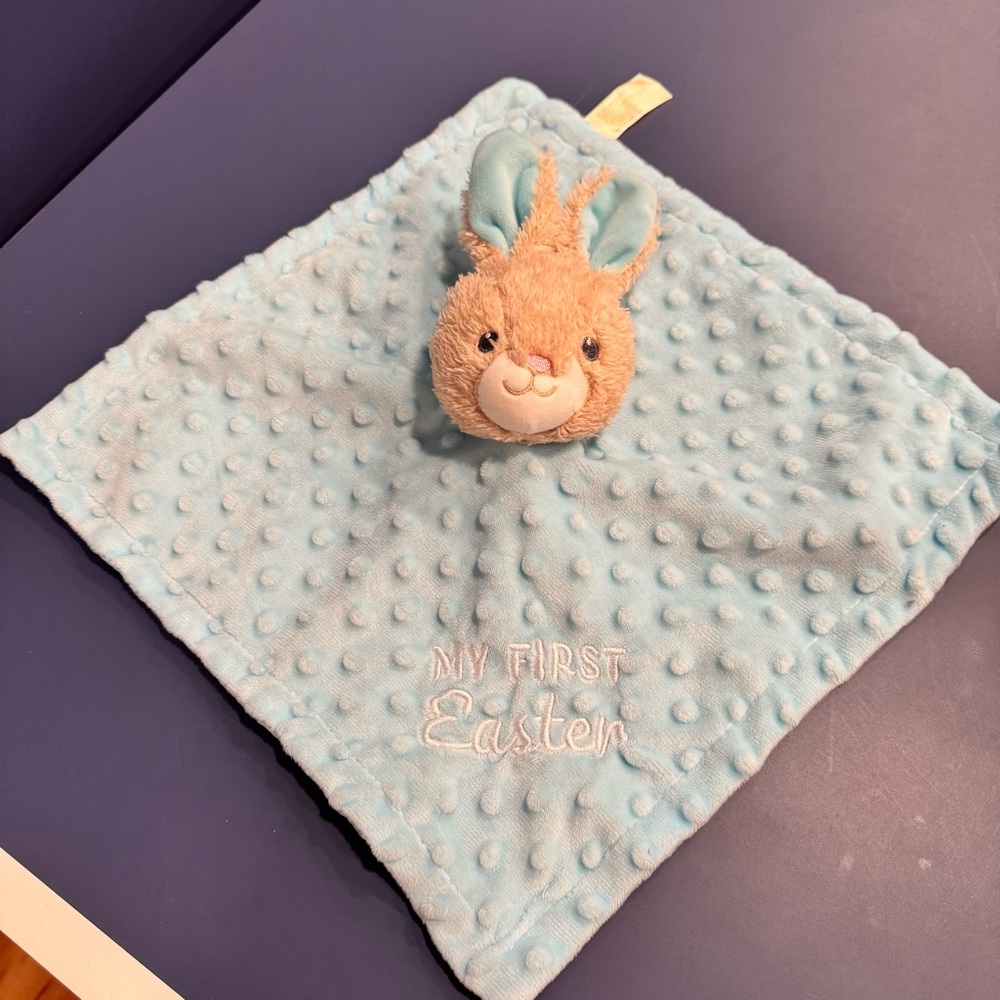 Bunny Rabbit Blue My 1st Easter Baby Lovey Rattle Security Blanket Satin Back